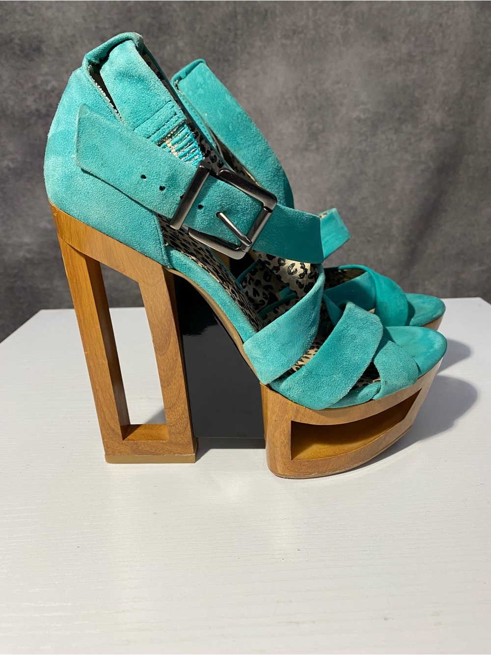 Jessica Simpson Teal Suede Cutout Platform Wedge Sandals Leopard Lining Sz 6B